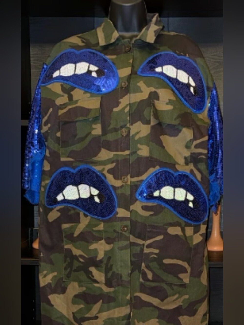 "SOLD" Camo Jacket with Blue Sequin Lip Appliqués - Picture 2 of 6